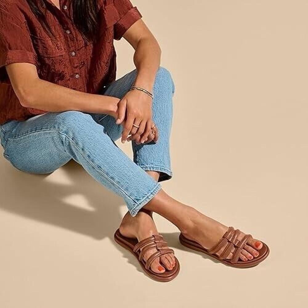 OluKai Tiare Slide Brown Leather Puffy Strap Sandals Syle 20514-FXFX Womens Sz 7